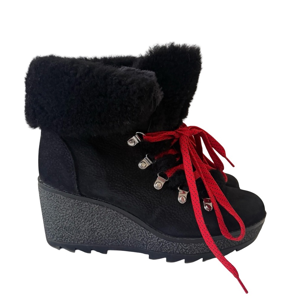 J Crew Womens boots Black nubuck leather Nordic wedge ankle lace faux fur SZ 8